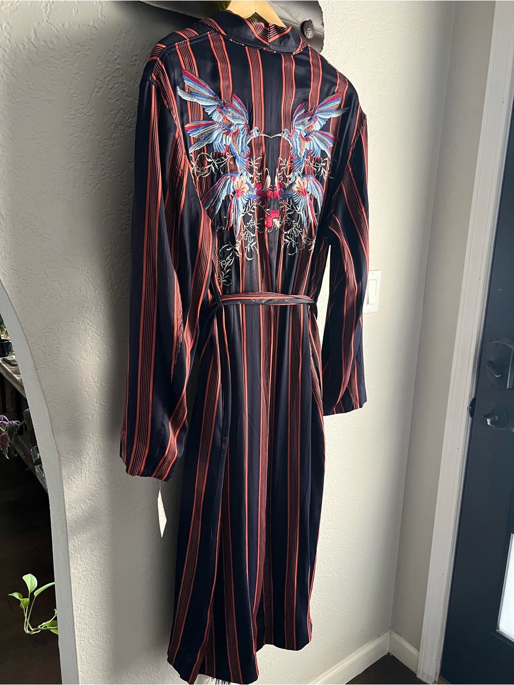 Free People Black Robe/Duster with Red Stripe and Multicolor Embroidered Wings